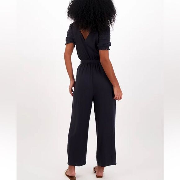American Eagle Cotton Linen Blend Laced Jumpsuit Romper Short Sleeves M Black - Picture 2 of 15